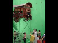 Jackie in the wagon waiting for the shot to be set up.