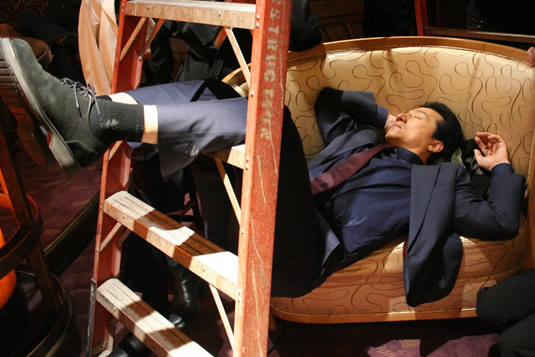Jackie meditating on the set.