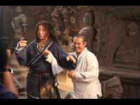 Sharing a laugh during filming of the temple fight scene.
