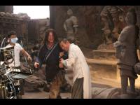 Sharing a laugh during filming of the temple fight scene.